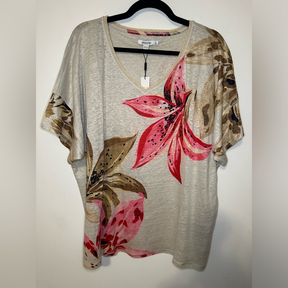 Chico’s Floral Sweater Trim Linen Tee Size 4 V Neck Pullover Short Sleeve Multi
